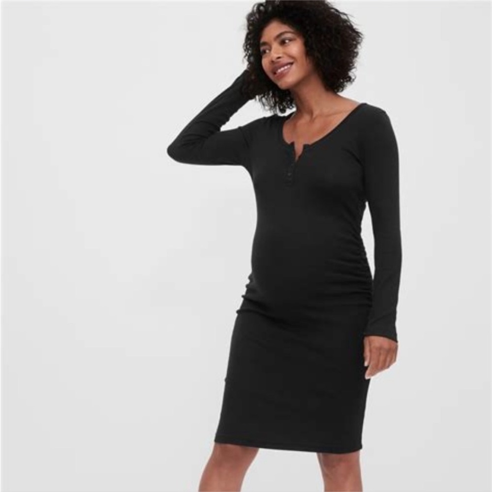 Black GAP Maternity Scoopneck Button Henley Midi Dress